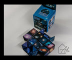 Space puzzle cube mid-transformation with galaxy panels and starfield wings extending from the base