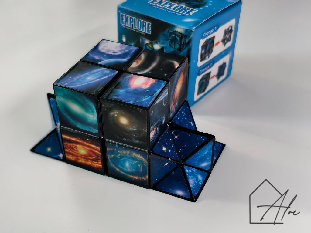 Space puzzle cube unfolded into a flat rectangle showing colourful galaxy and nebula imagery across all panels