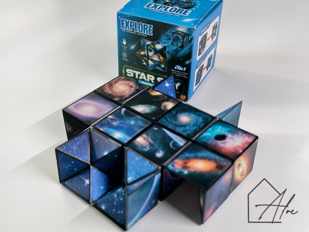 Two cubes side by side, one open showing galaxy images across the panels, one showing Earth with planet label