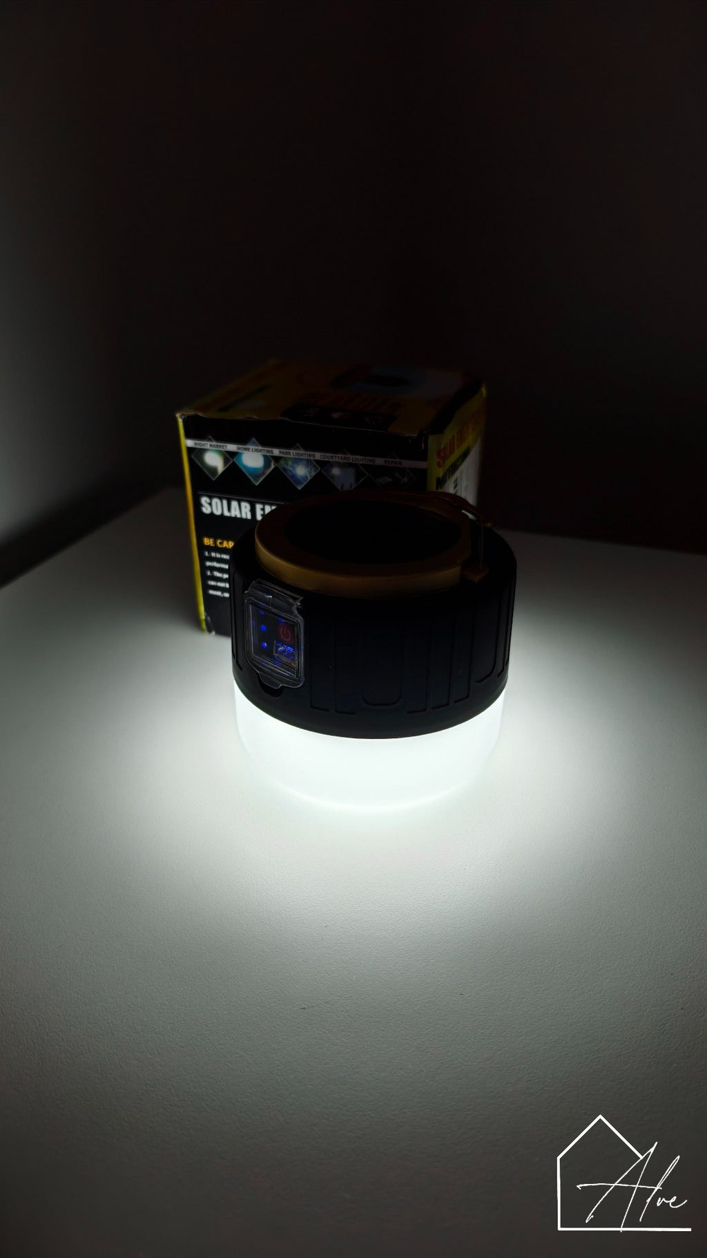 Solar LED camp light in use outdoors – portable camping lantern