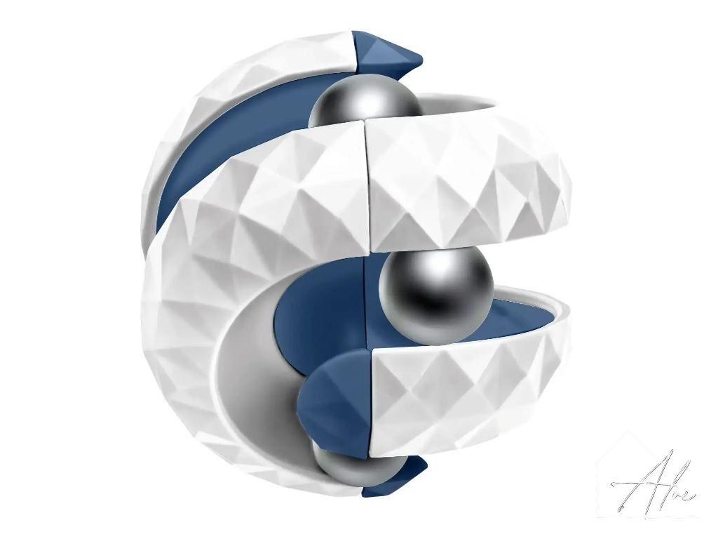 Blue and white sphere fidget ball with a steel bead inside the channel