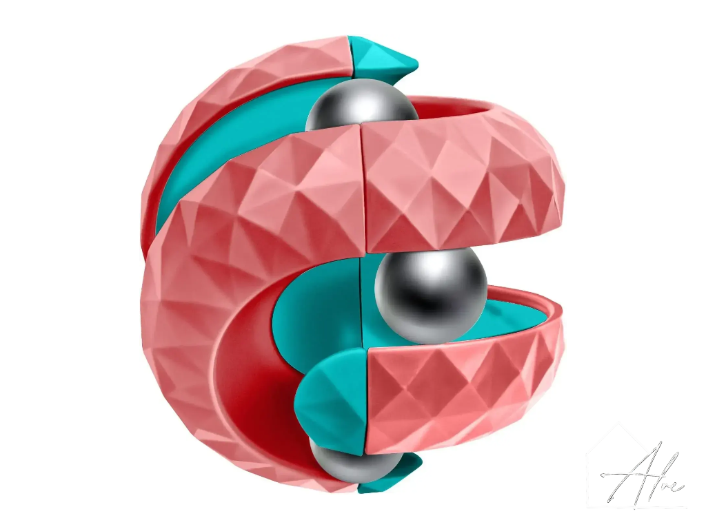 Red and teal sphere fidget ball showing the faceted geometric surface